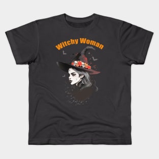 Witch Woman, Beautiful Witch, witch for cute Halloween, witch hat, spooky gothic Kids T-Shirt